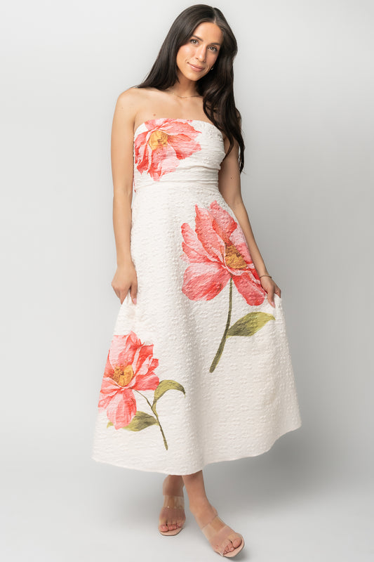 Genesis Strapless Midi Dress | White + Pink Floral
