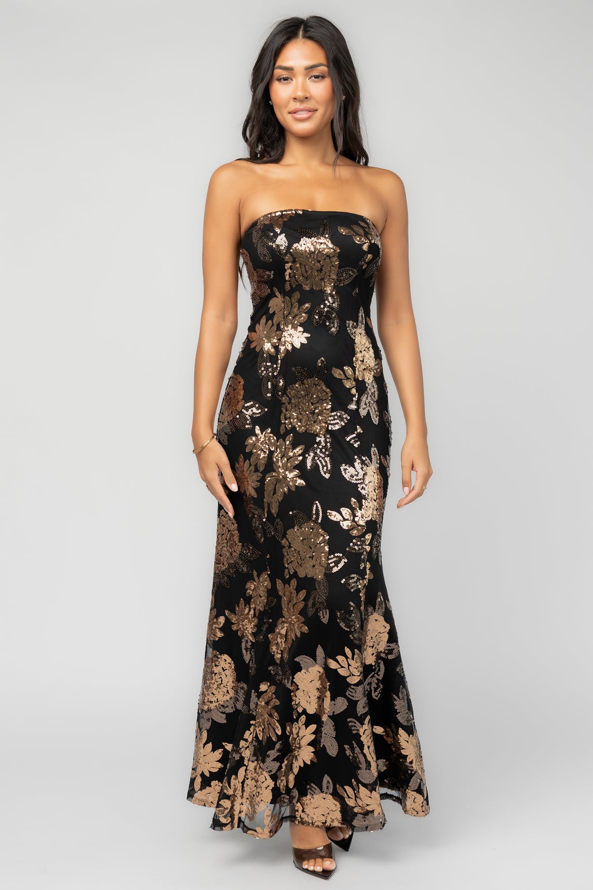 Chloe Sequin Strapless Maxi Dress | Black + Gold