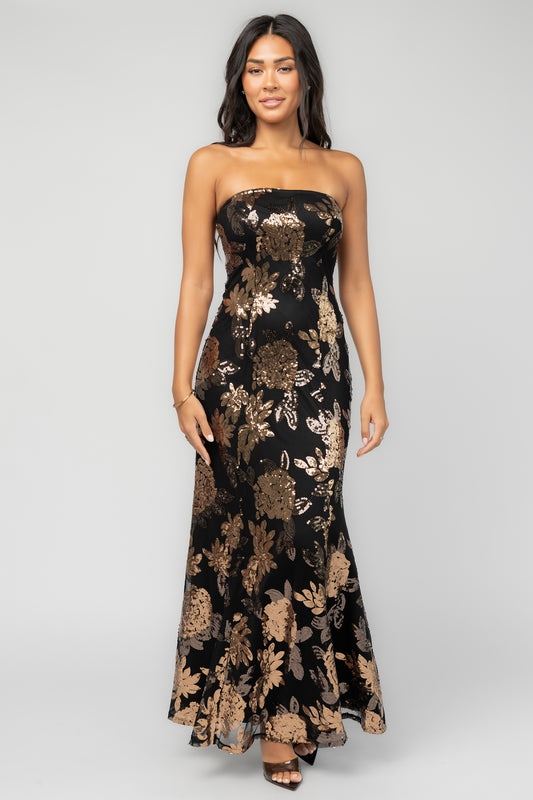 Chloe Sequin Strapless Maxi Dress | Black + Gold
