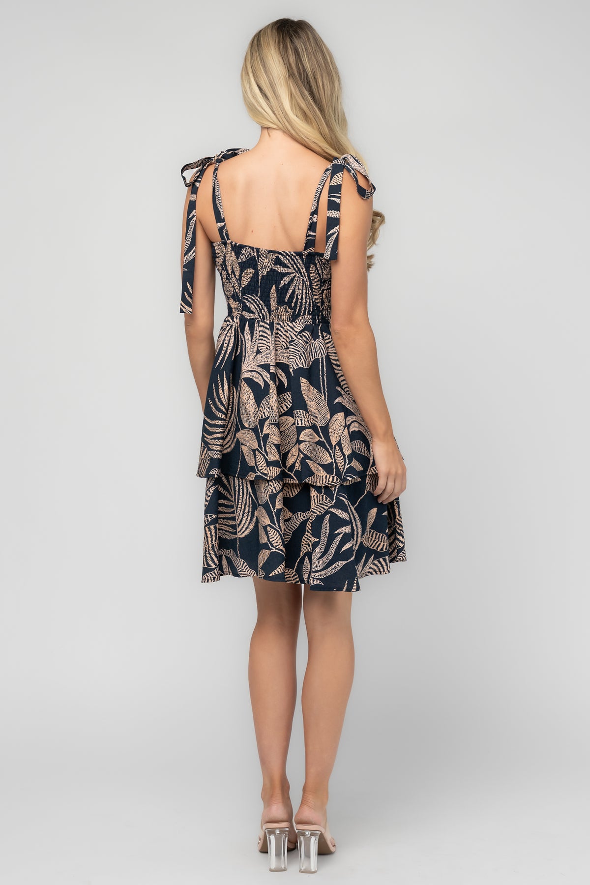 Tia Short Dress | Navy Palm Print