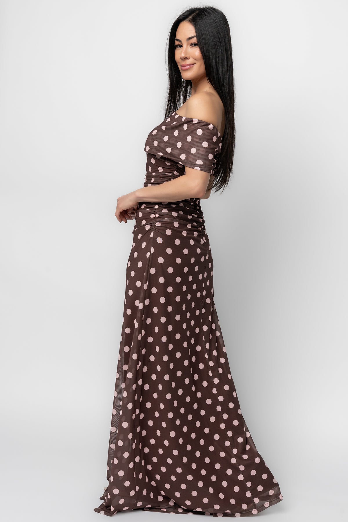 Maisie Off Shoulder Maxi Dress | Chocolate + Blush