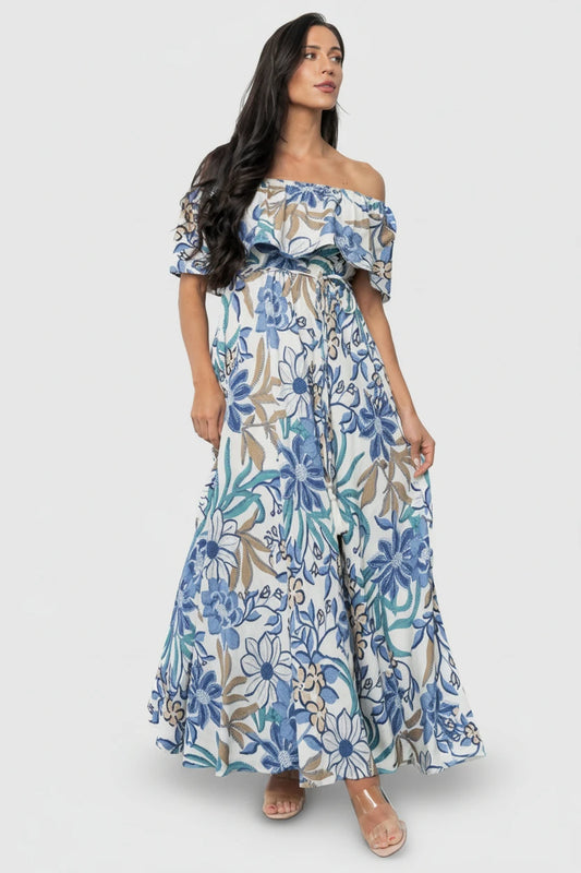 Valentina Off Shoulder Maxi Dress | Cream + Blue Multi