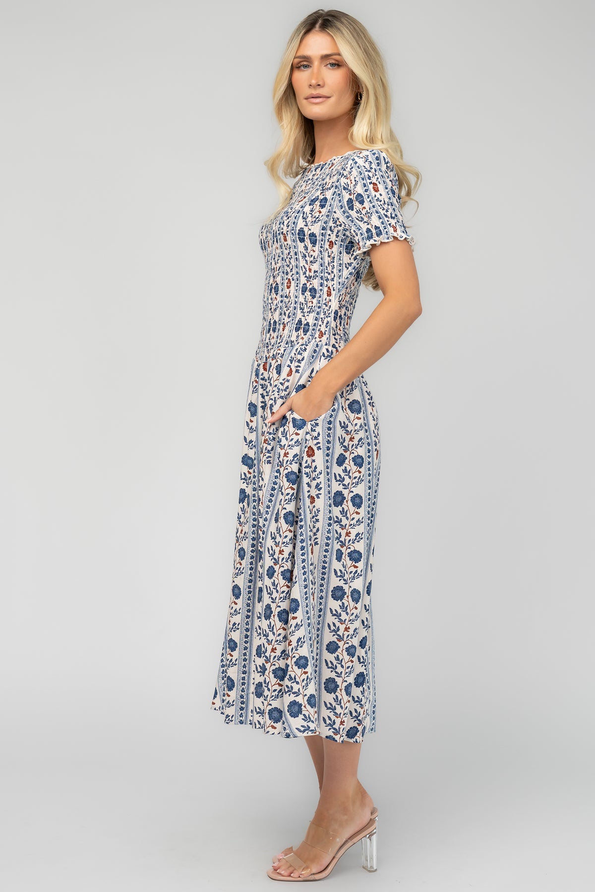 Rhonda Smocked Midi Dress | Blue Floral