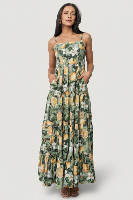 Front view of the Silvia Tiered Maxi Dress in sage lemon print, showing full-length tiered skirt and flowing silhouette.