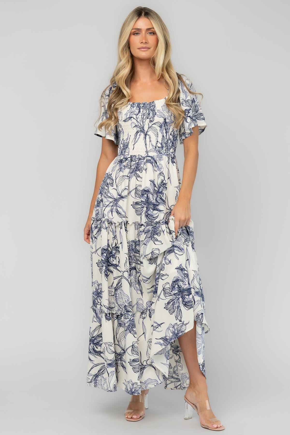 Southampton Smocked Maxi Dress | Off White + Blue