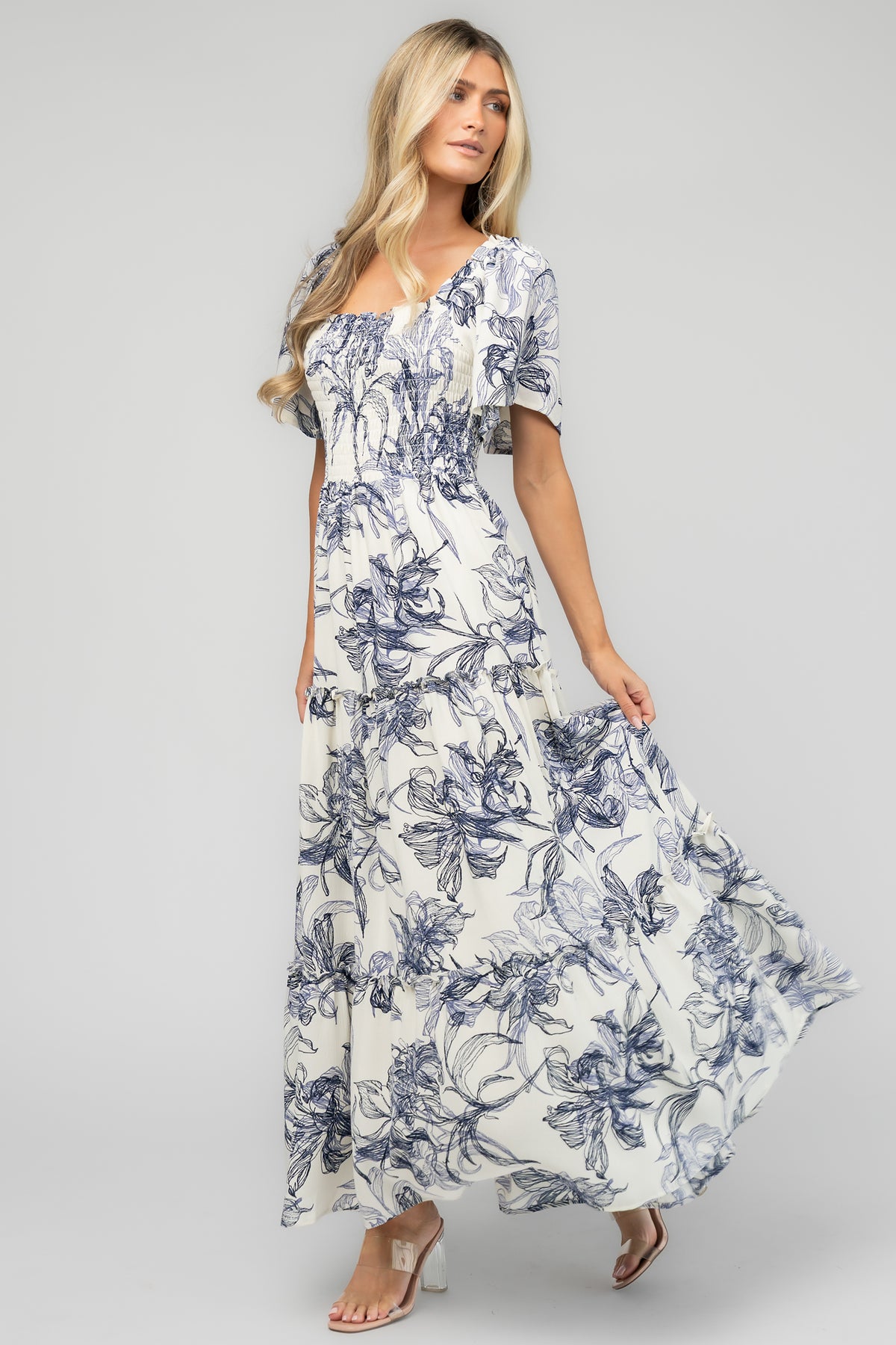 Southampton Smocked Maxi Dress | Off White + Blue