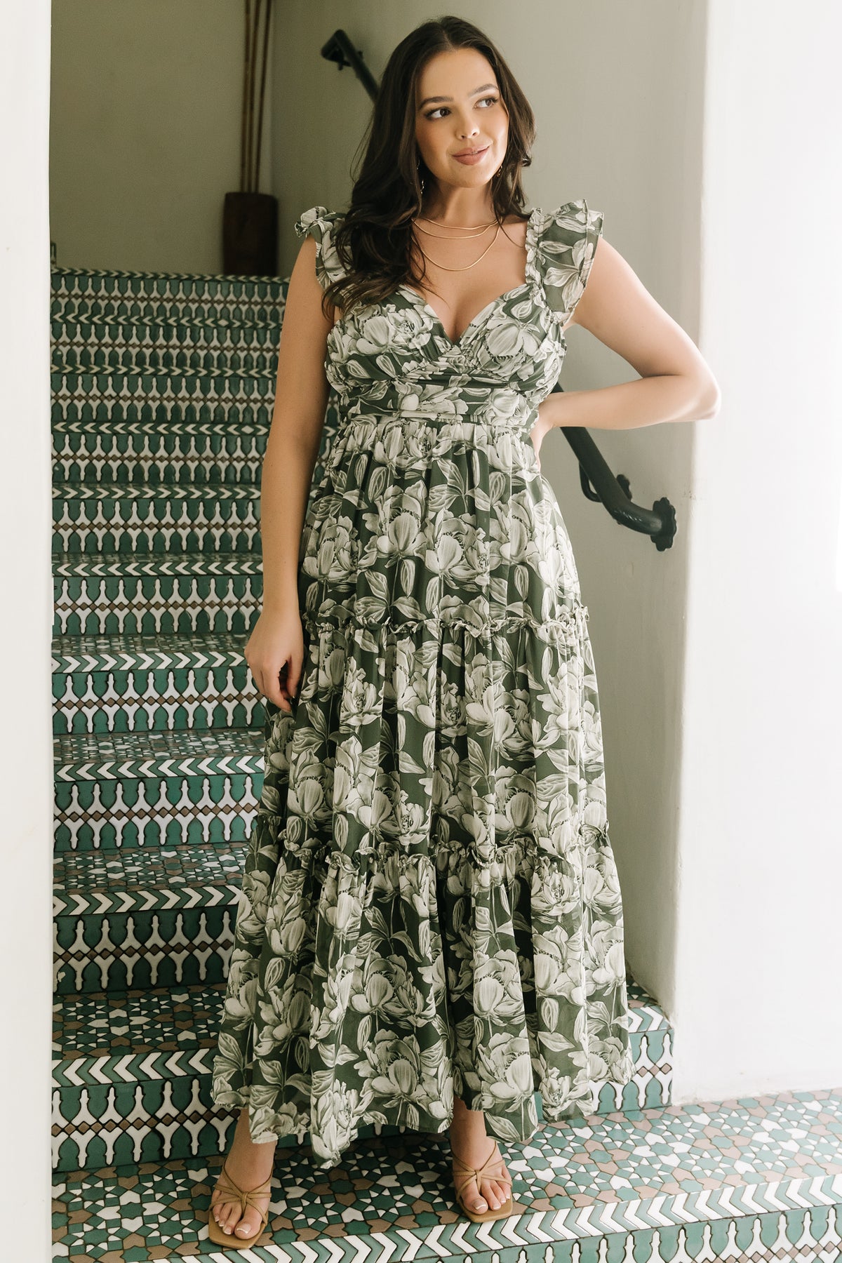 Close-up of Martina Maxi Dress bodice in green and white floral chiffon highlighting upturned-V yoke, gathered bust and subtle smocked detailing.