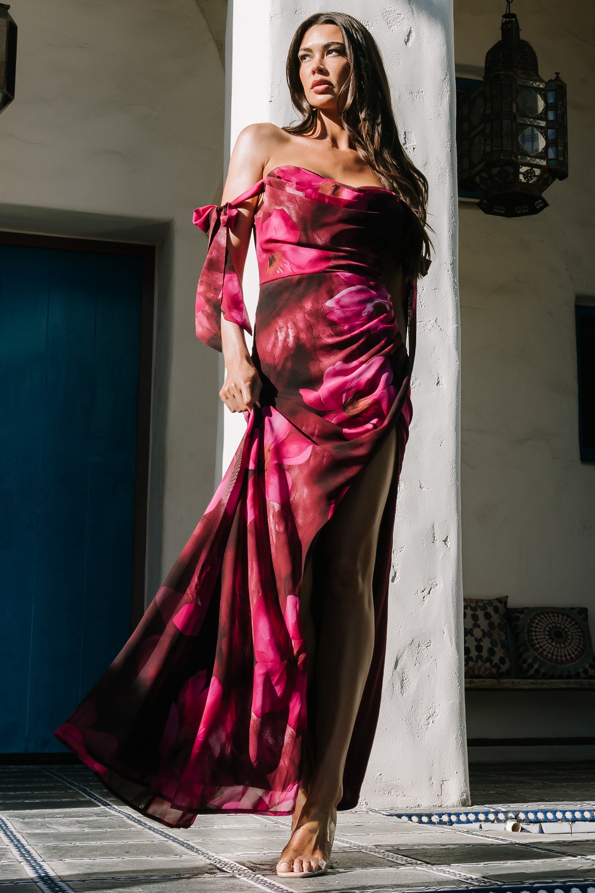 Close-up of cowl neckline and no-slip grip detail on Allegra off-shoulder maxi dress in berry rouge floral print.