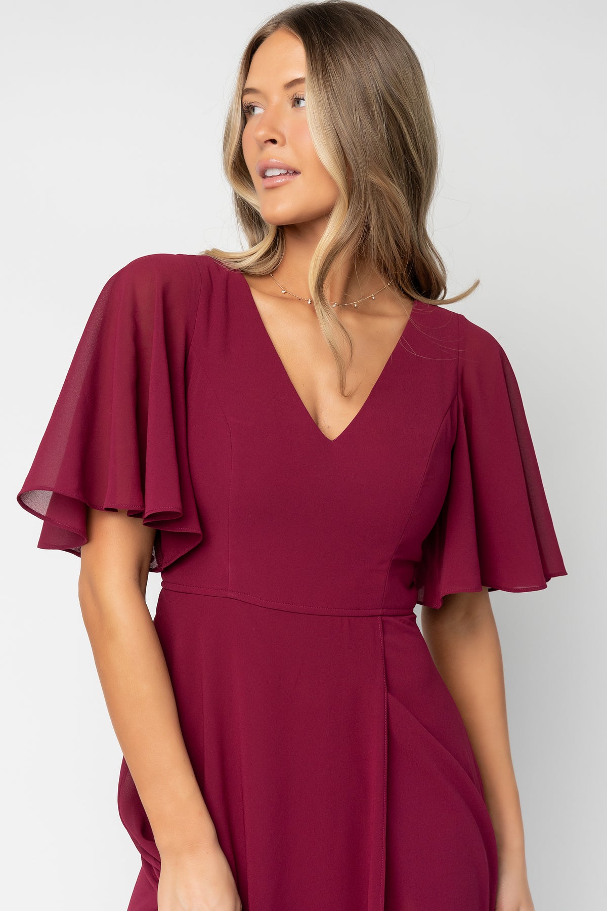 Back view of the Valetta Maxi Dress in wine displaying V-back, back zipper closure, defined waist seam, and full-length chiffon skirt.