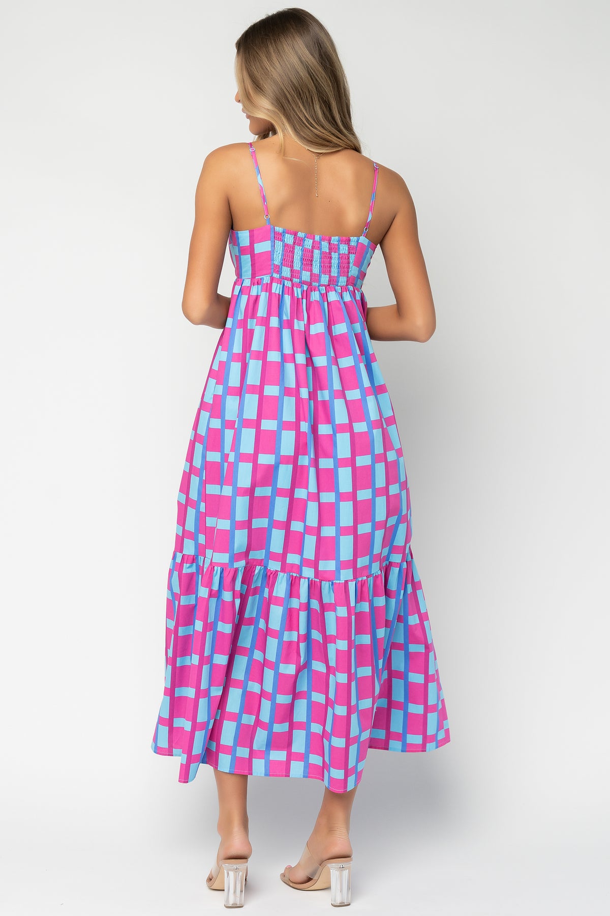 Full-length model shot of Rita Maxi Dress showing maxi length and flowing silhouette on a 5'10" model; styled with neutral sandals.