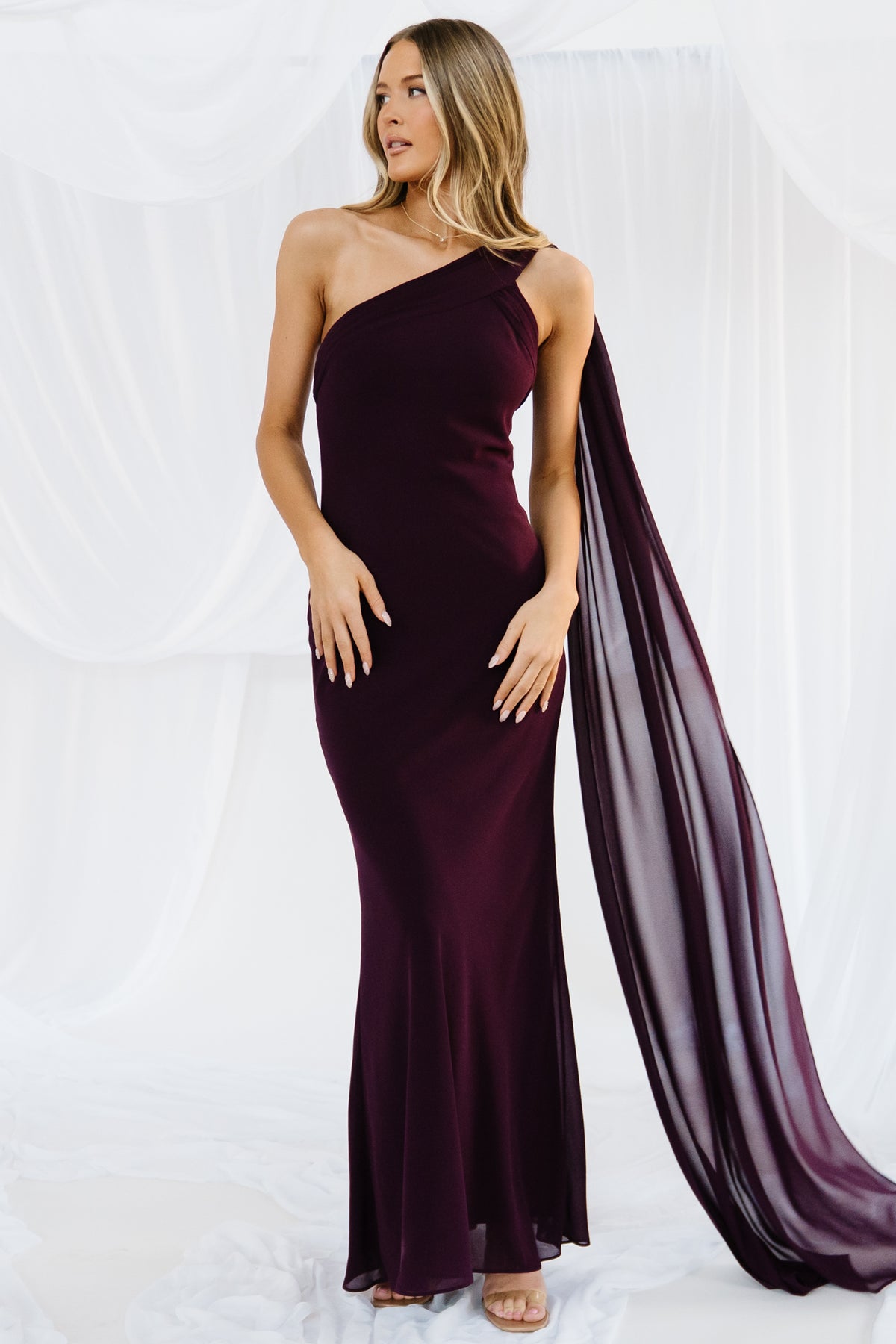 Front view of Julianne dark-plum one-shoulder chiffon maxi dress on model, showing asymmetrical neckline and pleated bodice for a formal silhouette.