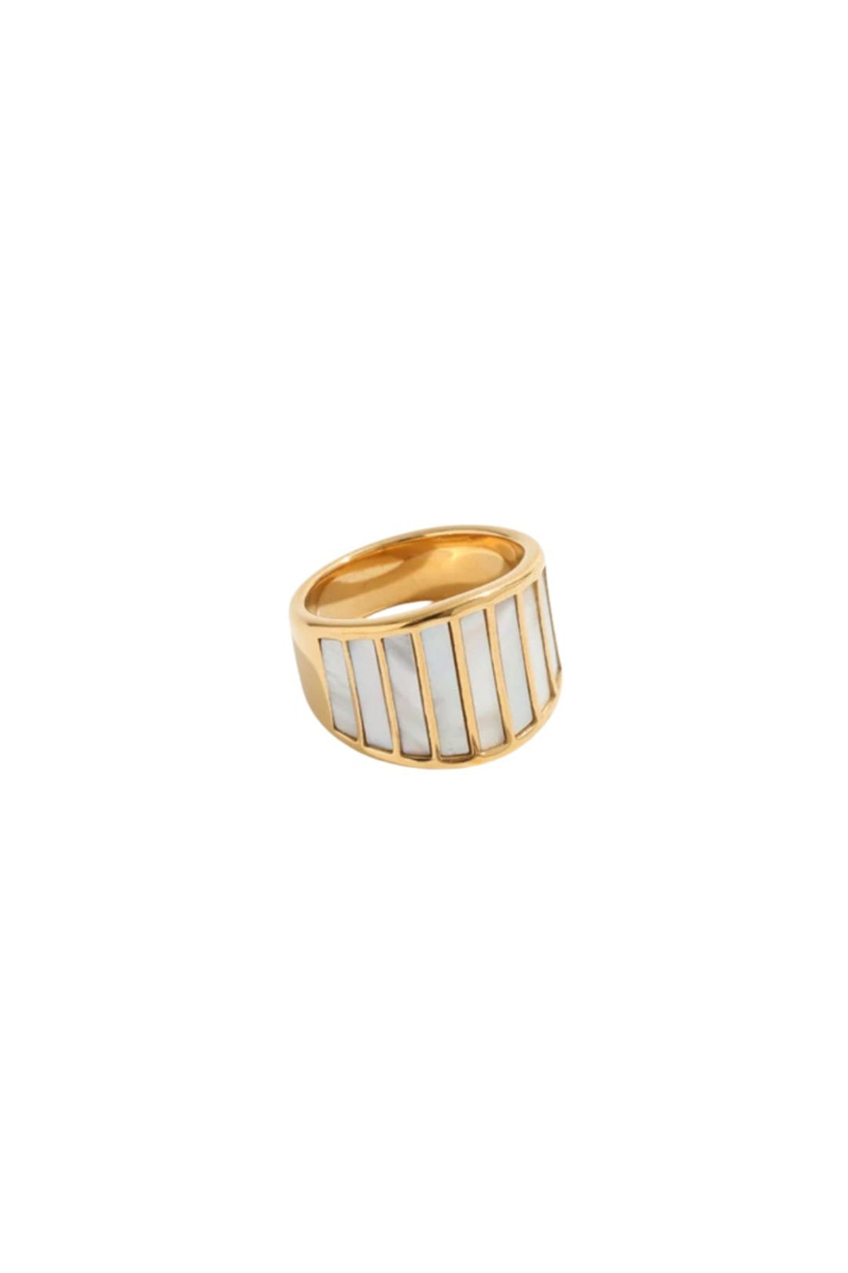 Flat-lay product image of the Alys ring showing the full circumference, mother-of-pearl panels, and the polished gold-plated exterior.