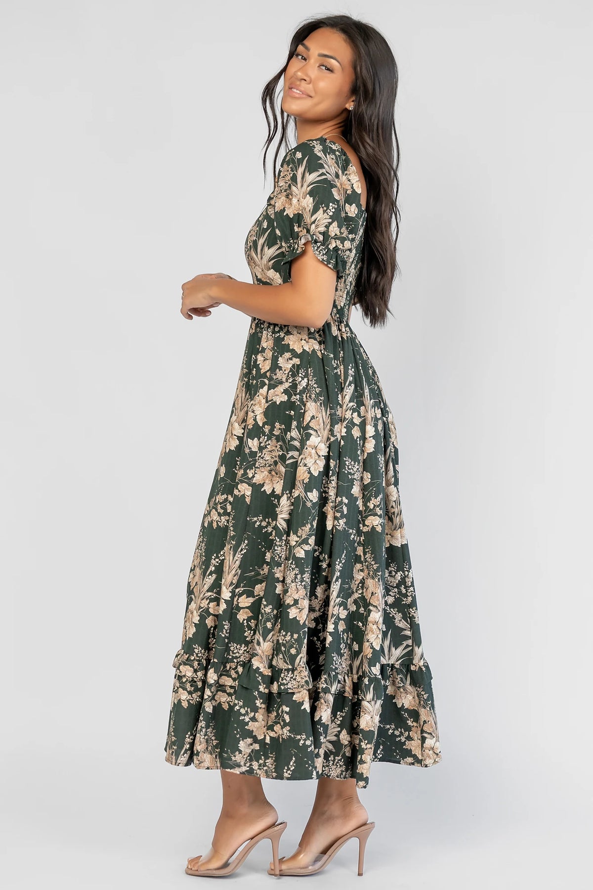 Addison Maxi Dress in Green + Natural with a square neckline, puffed ruffle-cuff sleeves, and a tiered ruffle skirt.