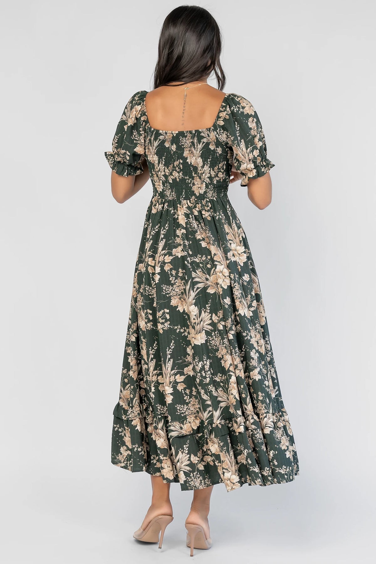 Addison Maxi Dress in Green + Natural with a square neckline, puffed ruffle-cuff sleeves, and a tiered ruffle skirt.