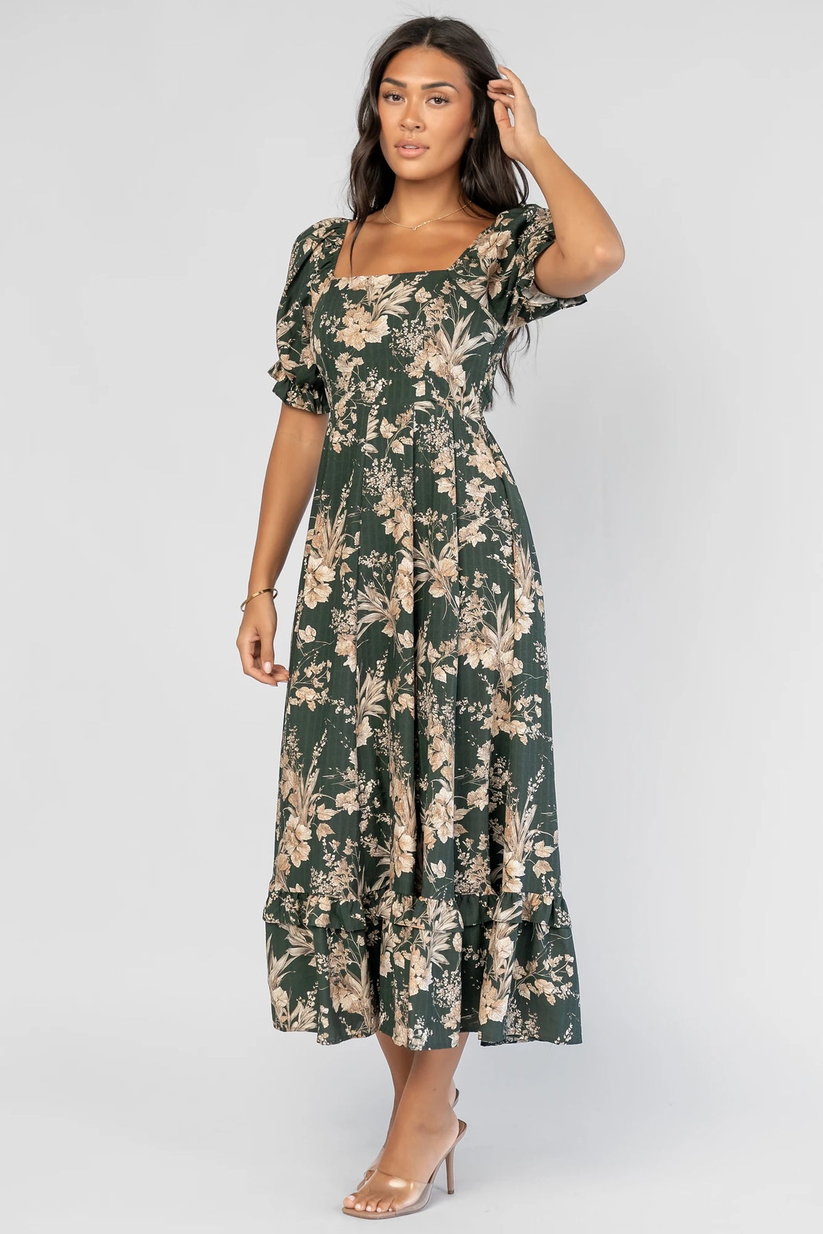 Addison Maxi Dress in Green + Natural with a square neckline, puffed ruffle-cuff sleeves, and a tiered ruffle skirt.