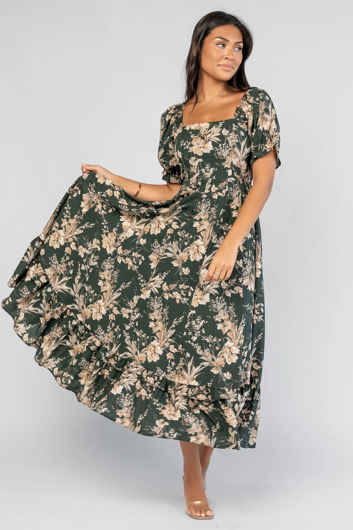 Addison Maxi Dress in Green + Natural with a square neckline, puffed ruffle-cuff sleeves, and a tiered ruffle skirt.