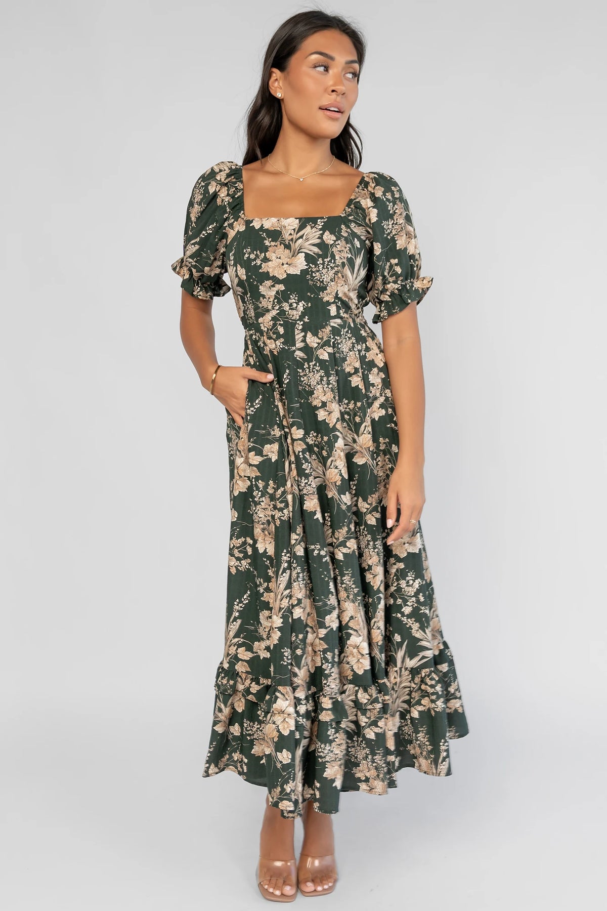 Addison Maxi Dress in Green + Natural with a square neckline, puffed ruffle-cuff sleeves, and a tiered ruffle skirt.