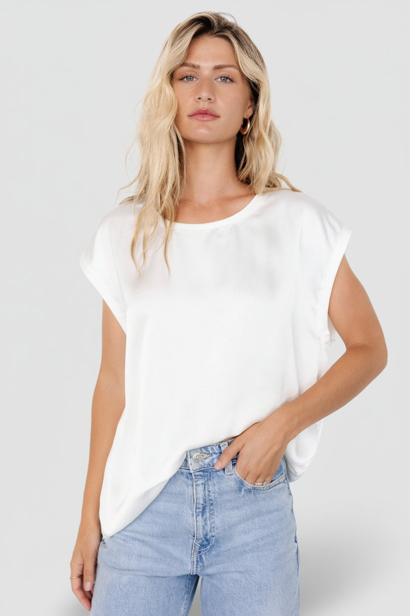 Back view of white Adina satin-look top showing clean finish at neckline, relaxed back silhouette and smooth fabric drape.