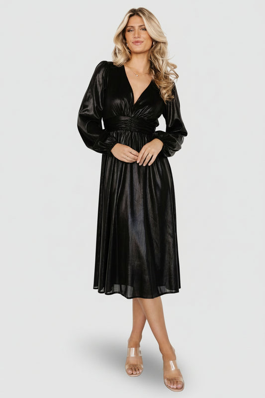 Front view of Aisha Shimmer Midi Dress in black showing deep V-neck, gathered bodice, and midi-length skirt with subtle shimmer finish.