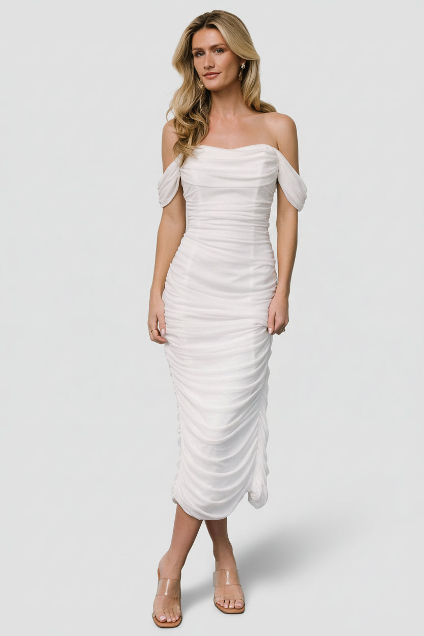 Front view of off-white Alessandra mesh midi dress on mannequin, ruched sides, structured bust, mid-length skirt and back slit visible.