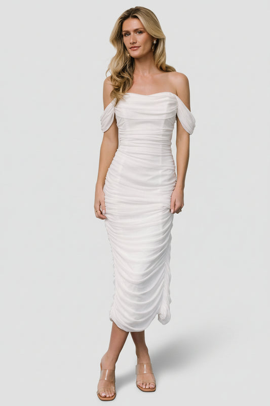 Front view of off-white Alessandra mesh midi dress on mannequin, ruched sides, structured bust, mid-length skirt and back slit visible.