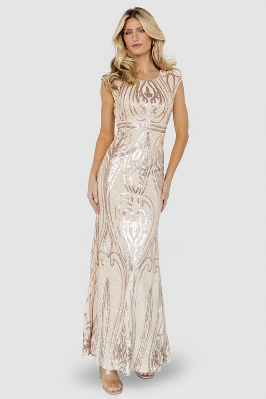 Front view of Alessia Sequin Gown in champagne showing rose-gold sequins, high round neckline, cap sleeves and mermaid skirt (detailed close).