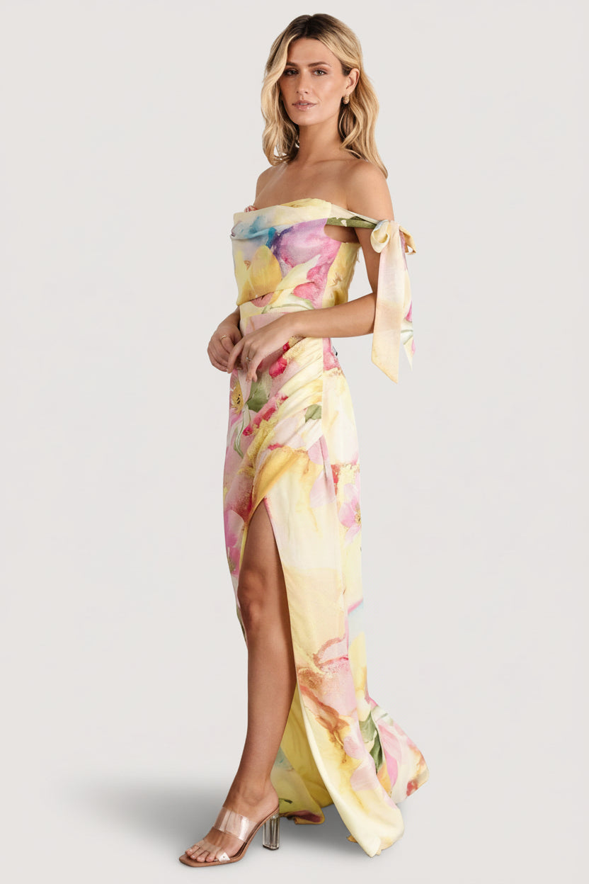 Close-up of the cowl neckline and no-slip grip with visible sewn-in bust padding detail on the chiffon multi-floral dress.