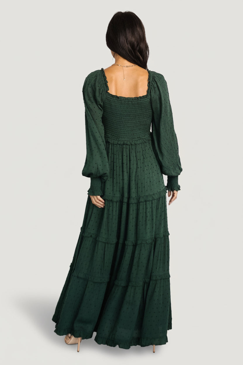Amanda Smocked Dotted Maxi Dress | Evergreen