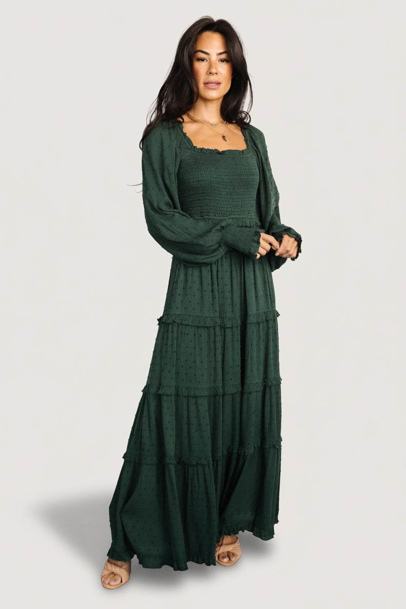 Close-up of smocked bodice and dotted texture on the evergreen rayon fabric, showing stitch detail and subtle surface patterning.
