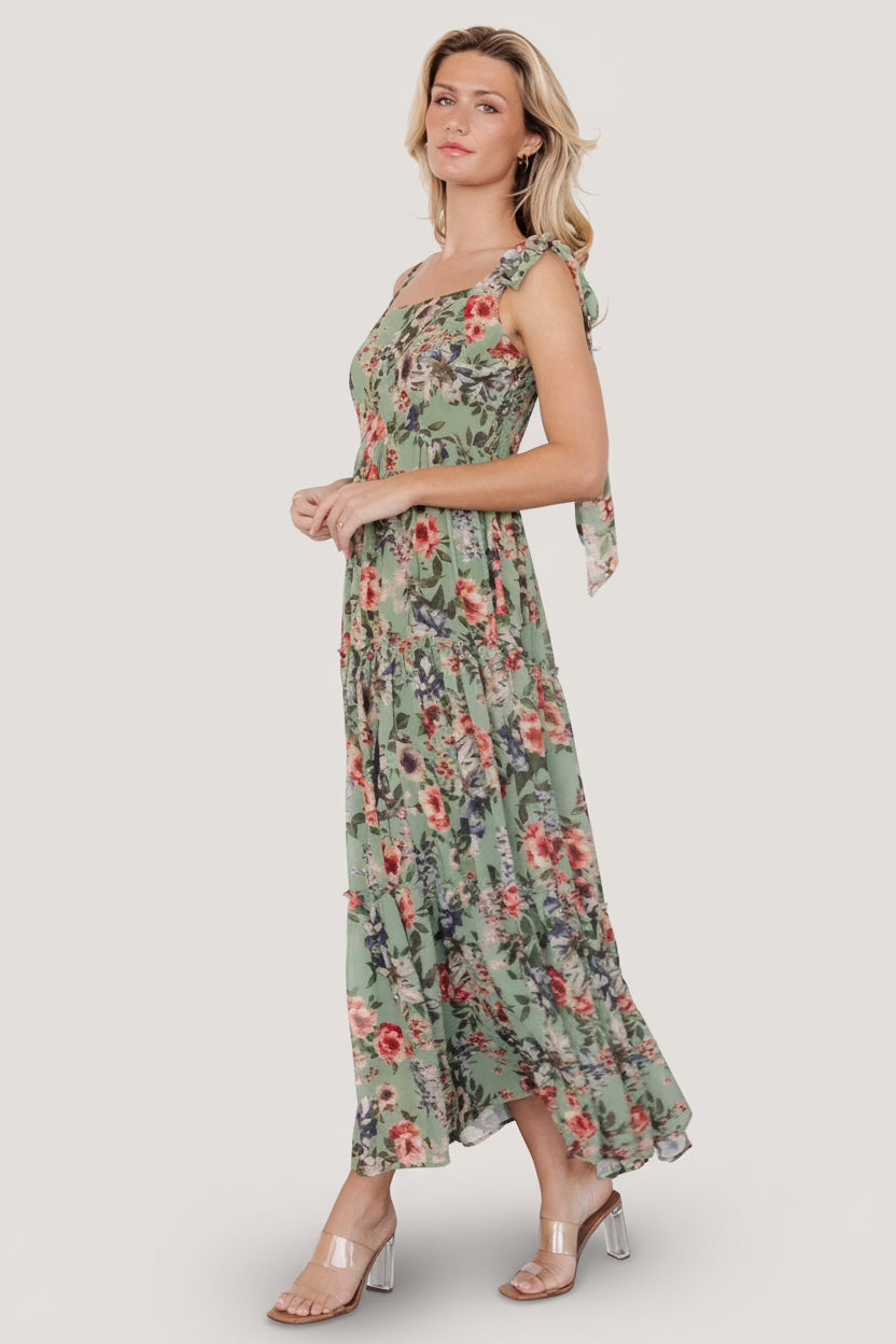 Flat-lay/detail image of Anita Maxi Dress fabric and print, showing green multi floral pattern, ruffle tiers, and chiffon texture close-up.