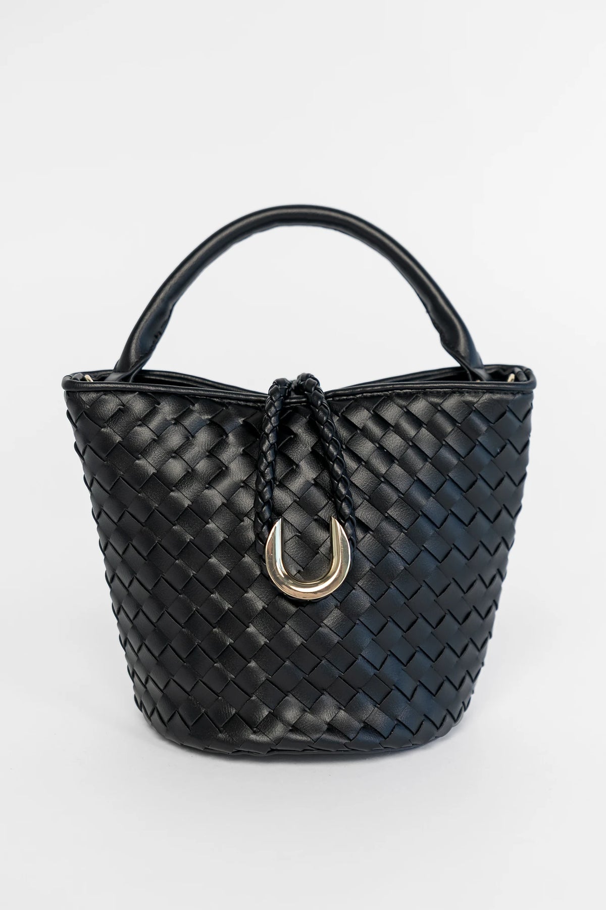 Annette Woven Tote Bag in Black with an allover woven design, structured top handles, and a gold-tone accent.