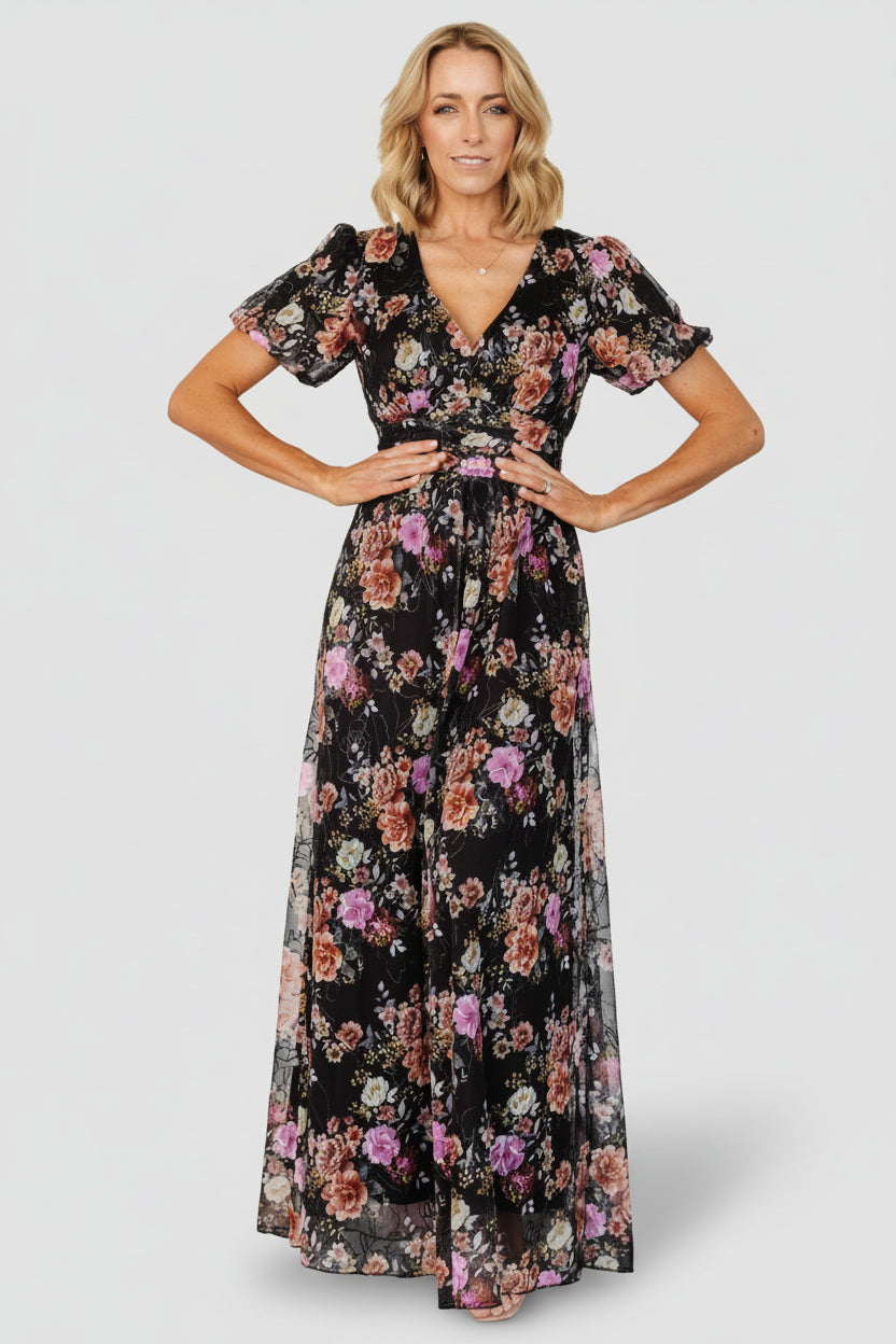 Close-up of Ardley Maxi Dress fabric and embroidered pattern on black multi floral mesh overlay with visible floral motifs.