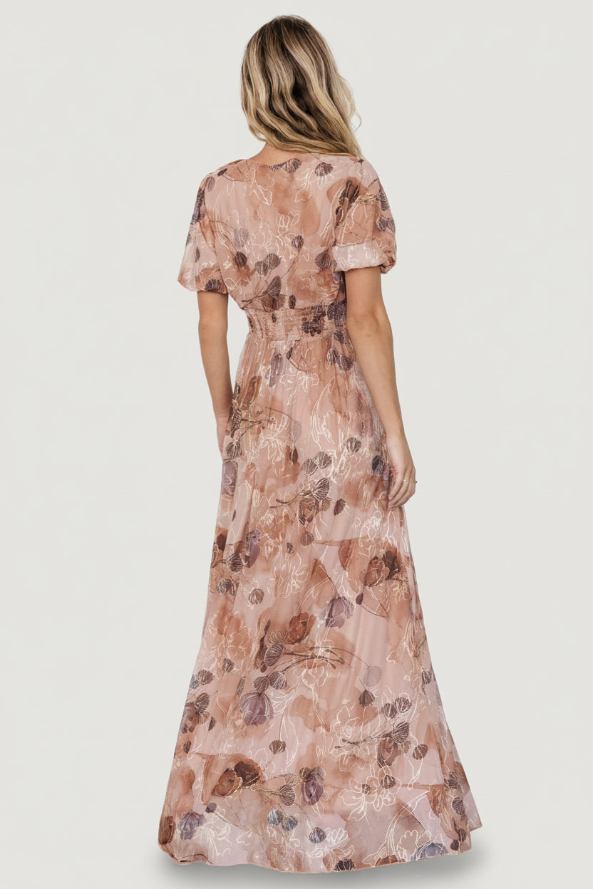 Side angled view of Ardley dress highlighting waist gathering, side pocket opening, and the layered mesh overlining with full lining beneath.