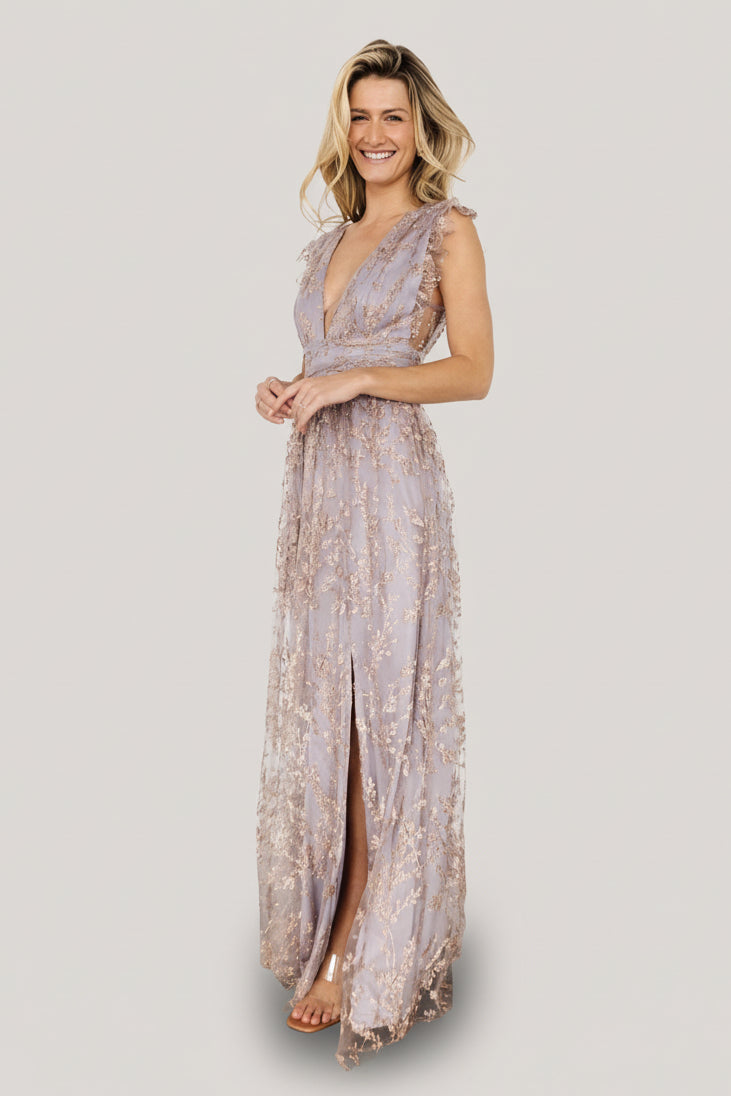 Full front view of Arlene Shimmer Maxi Gown in dusty lilac with rose-gold floral shimmer and deep V neckline, floor-length.