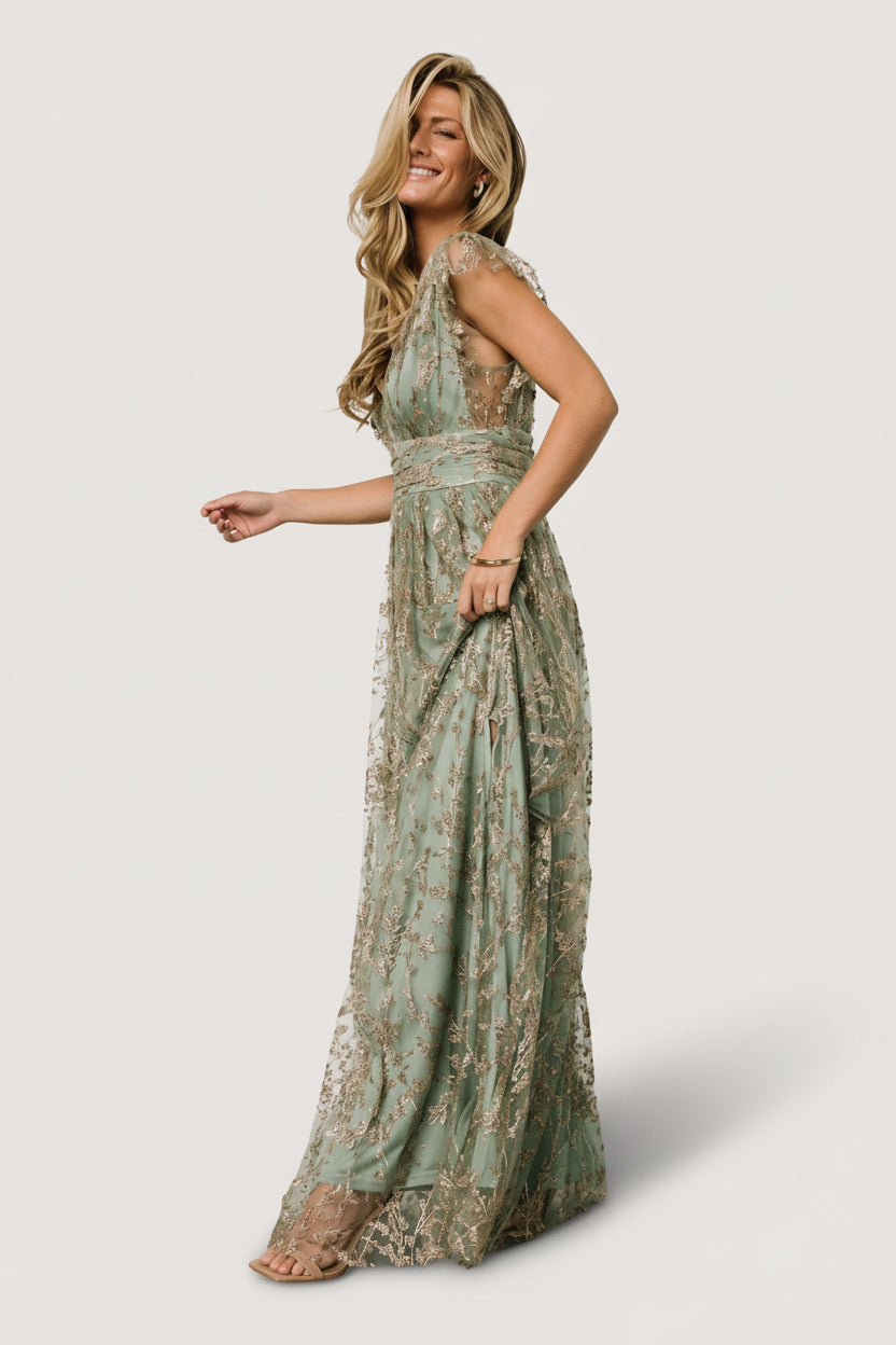 Back view of the Arlene Shimmer Gown in sage and gold showing the deep V back bodice and hidden zipper with hook-and-eye closure.