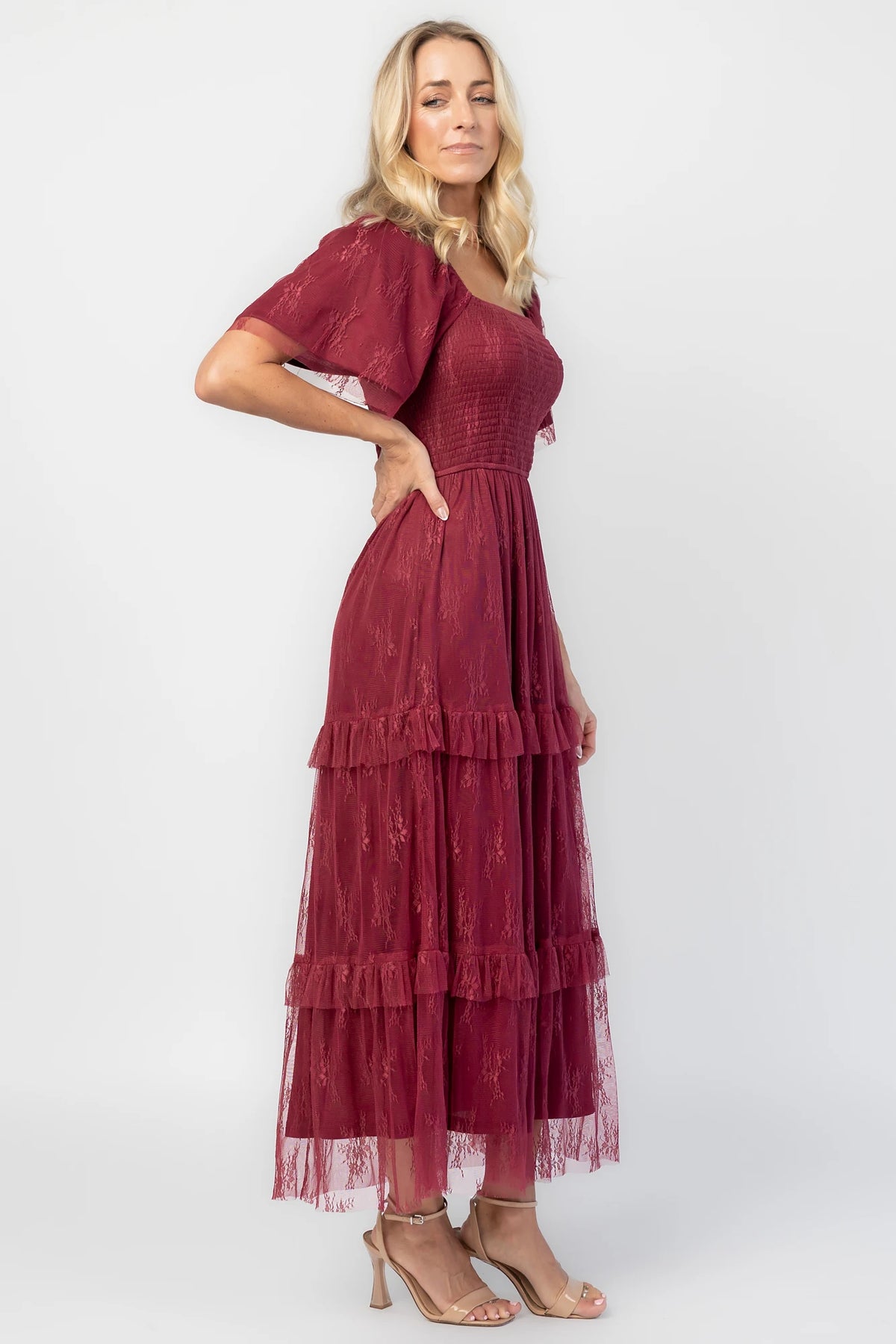 Auden Lace Midi Dress in Wine with square neckline, smocked bodice, and ruffle tiered skirt.