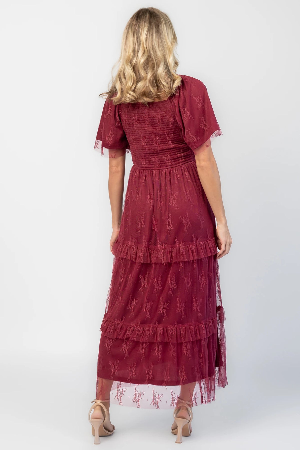 Auden Lace Midi Dress in Wine with square neckline, smocked bodice, and ruffle tiered skirt.