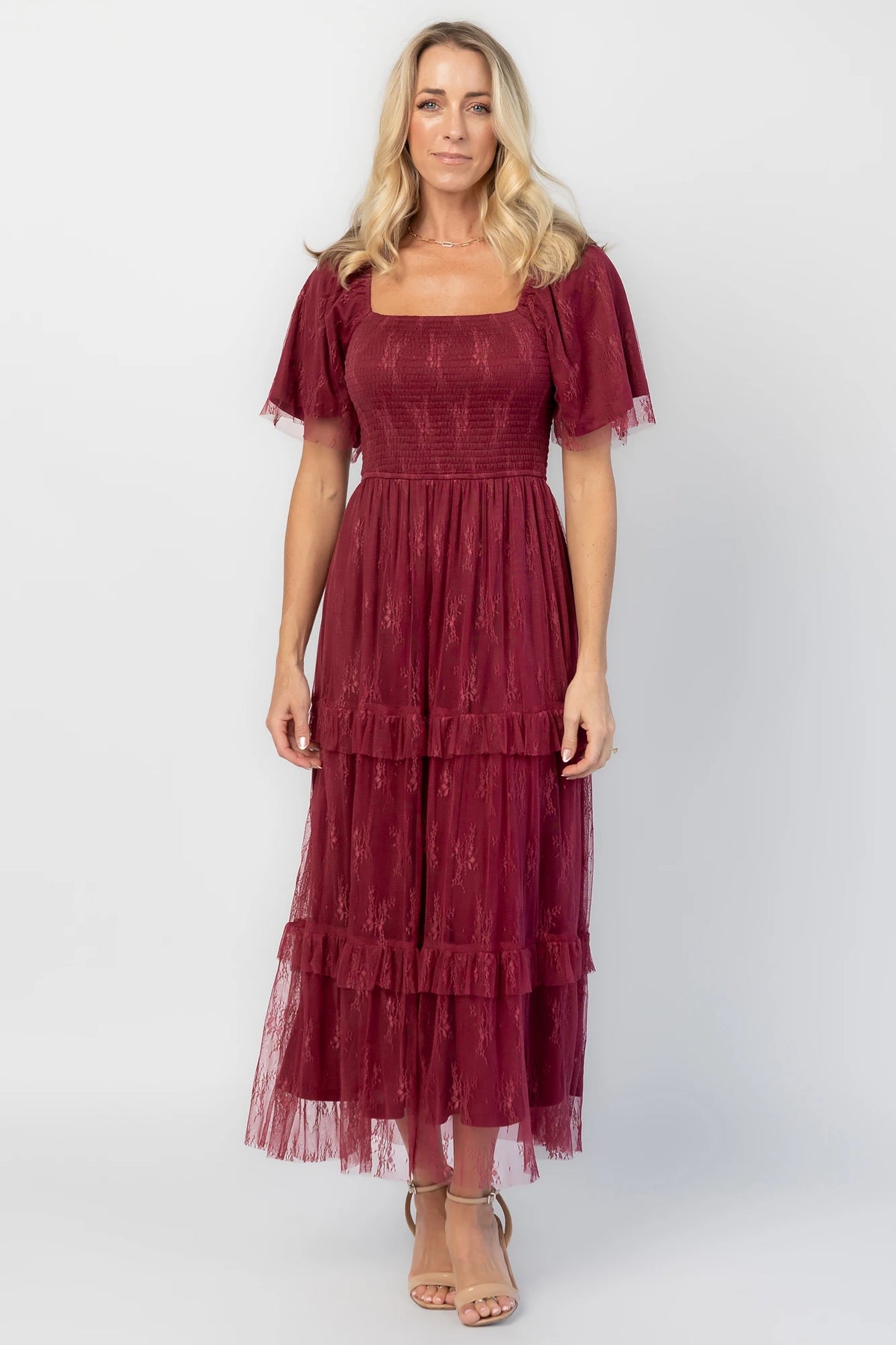 Auden Lace Midi Dress in Wine with square neckline, smocked bodice, and ruffle tiered skirt.