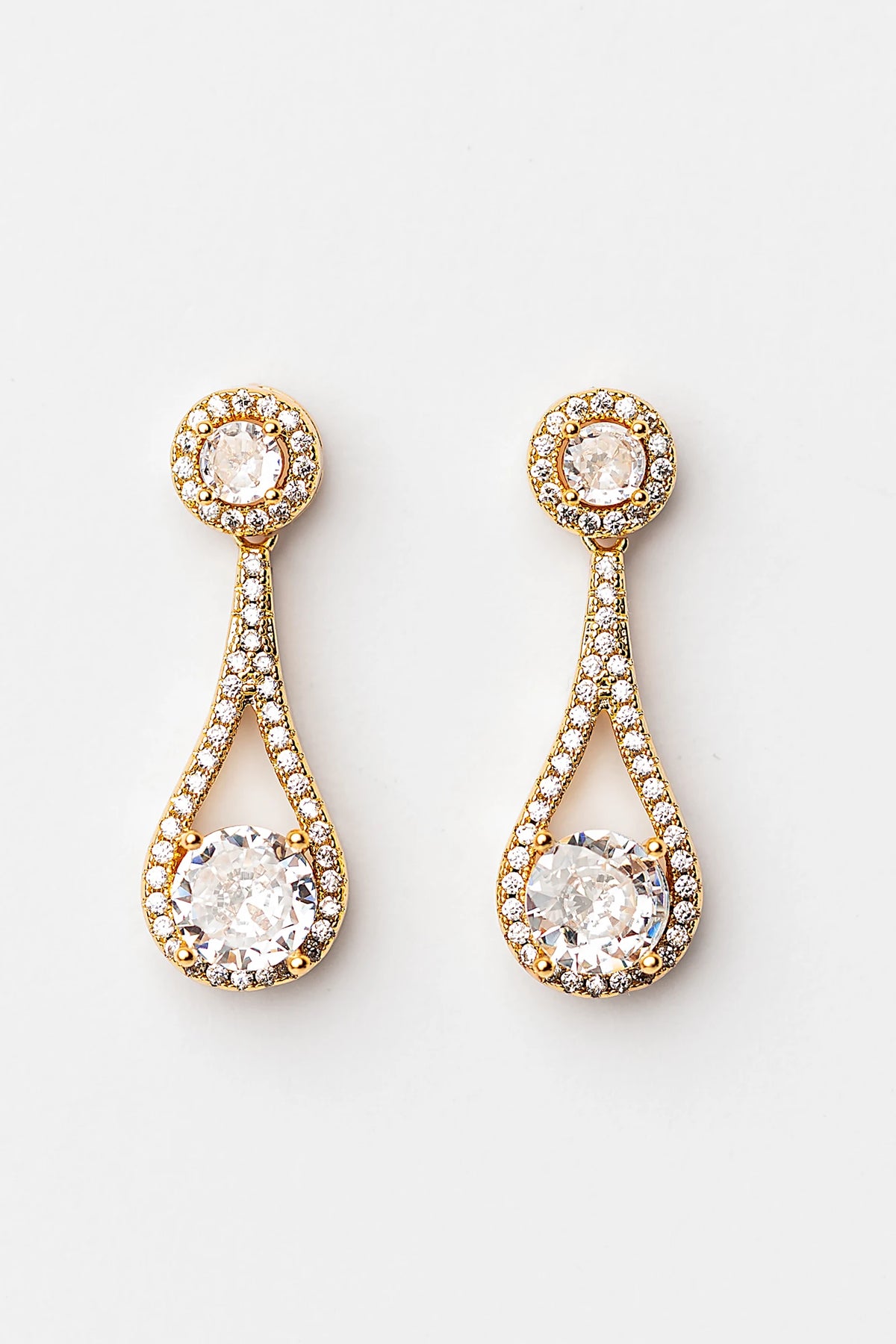 Balini Pave Drop Earrings in Gold with round clear stones, pavé detailing, and elegant teardrop drops.