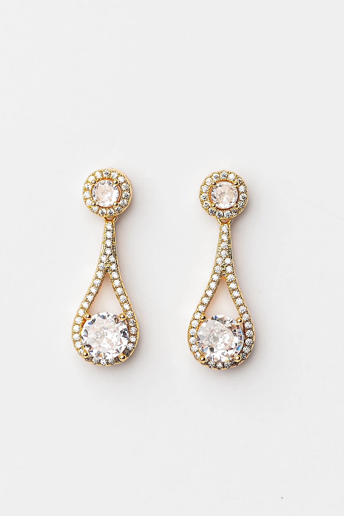 Balini Pave Drop Earrings in Gold with round clear stones, pavé detailing, and elegant teardrop drops.