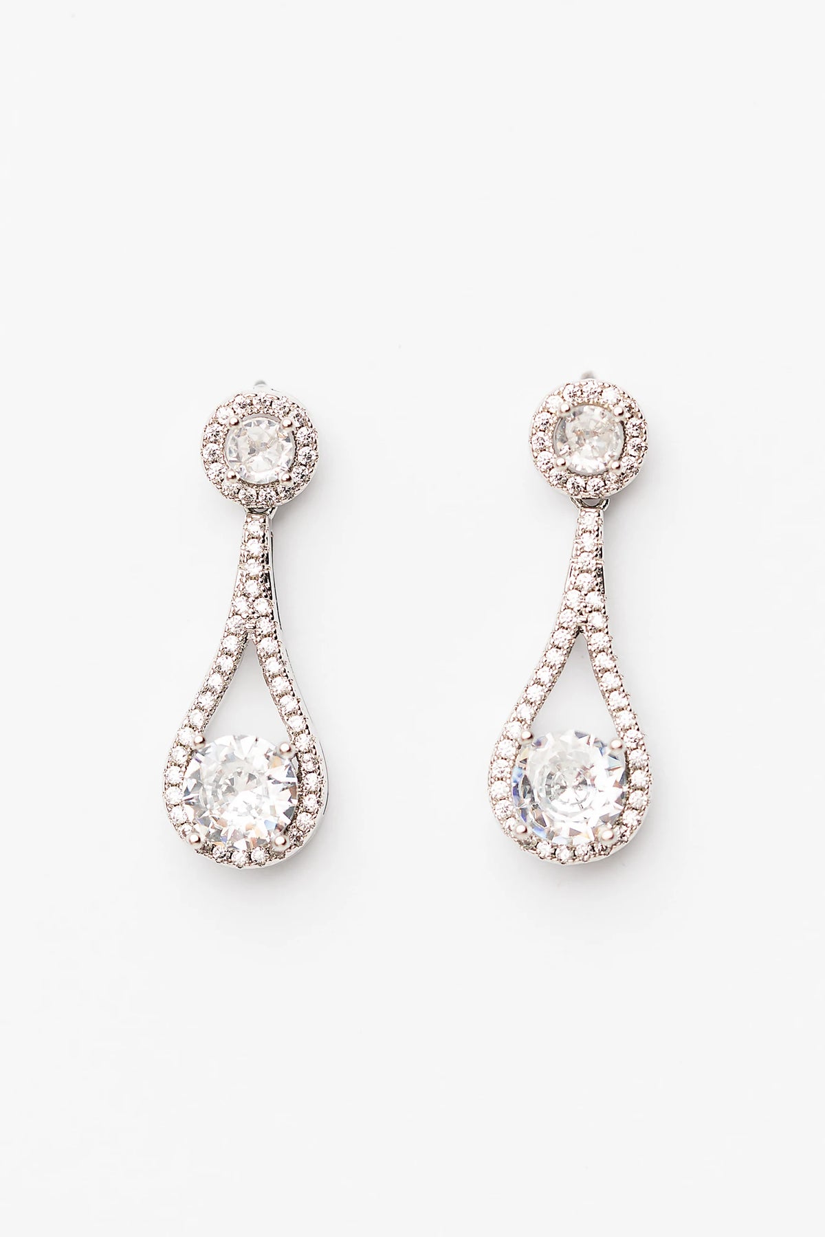 Balini Pave Drop Earrings in Silver with round clear stones, pavé detailing, and elegant teardrop drops.