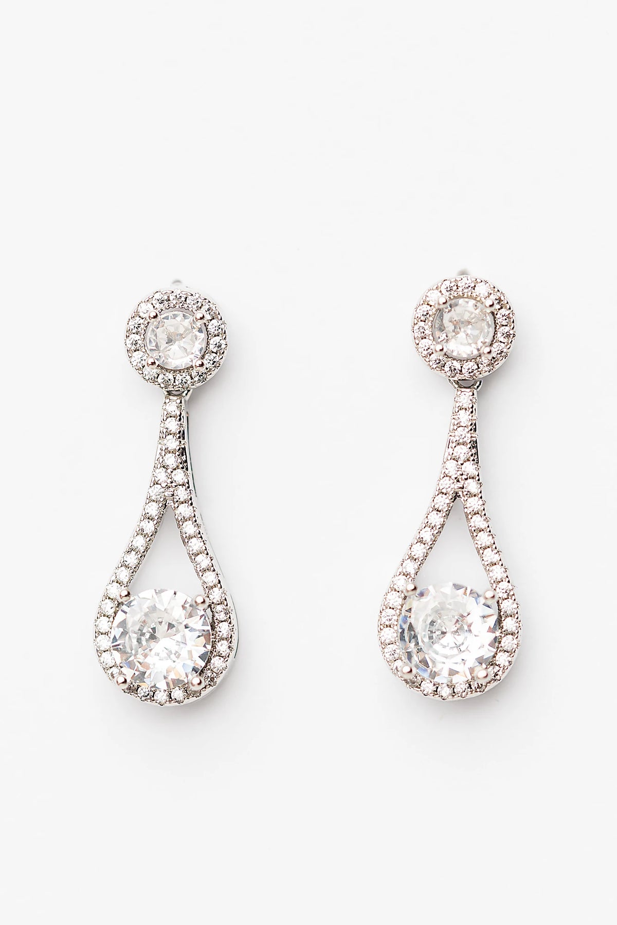Balini Pave Drop Earrings in Silver with round clear stones, pavé detailing, and elegant teardrop drops.