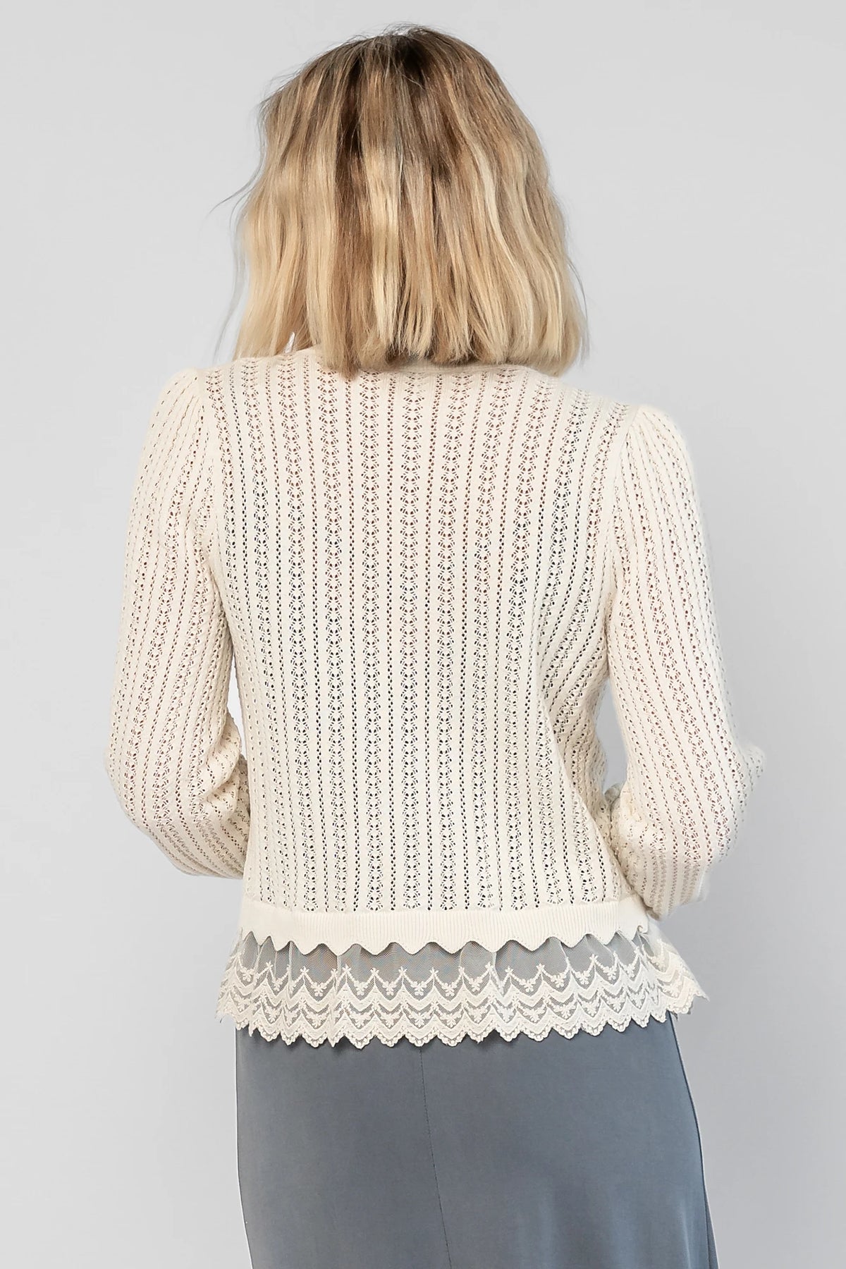Bethany Pointelle Cardigan in Cream with pointelle knit detailing, a button-front design, and scalloped trim.