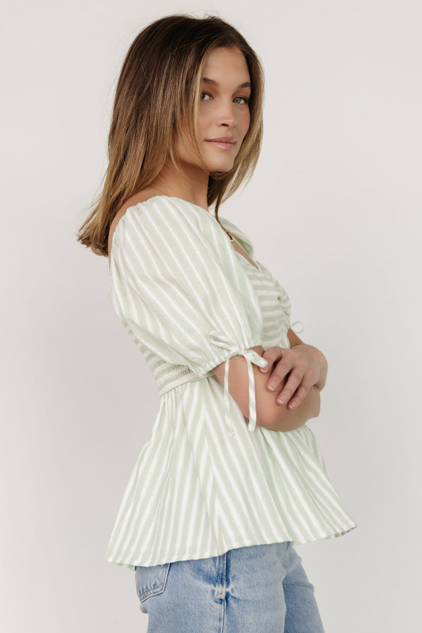 Side profile of Betsy Peplum Top highlighting smocked back bodice, upturned waist and short elastic sleeves with tie detail.