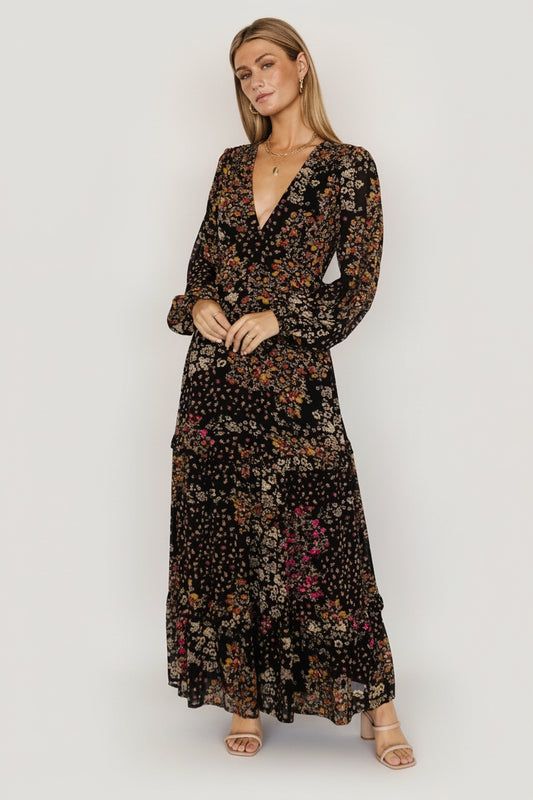 Bowman Deep V Tiered Maxi Dress in Black Multi with deep V-neck, long sleeves, ruffle-tiered skirt, and leg slit.