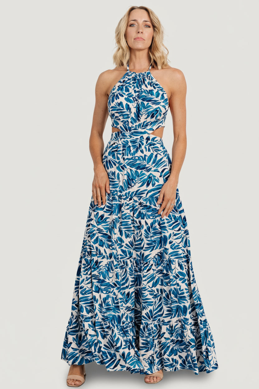 Brett Halter Maxi Dress | Cobalt Print