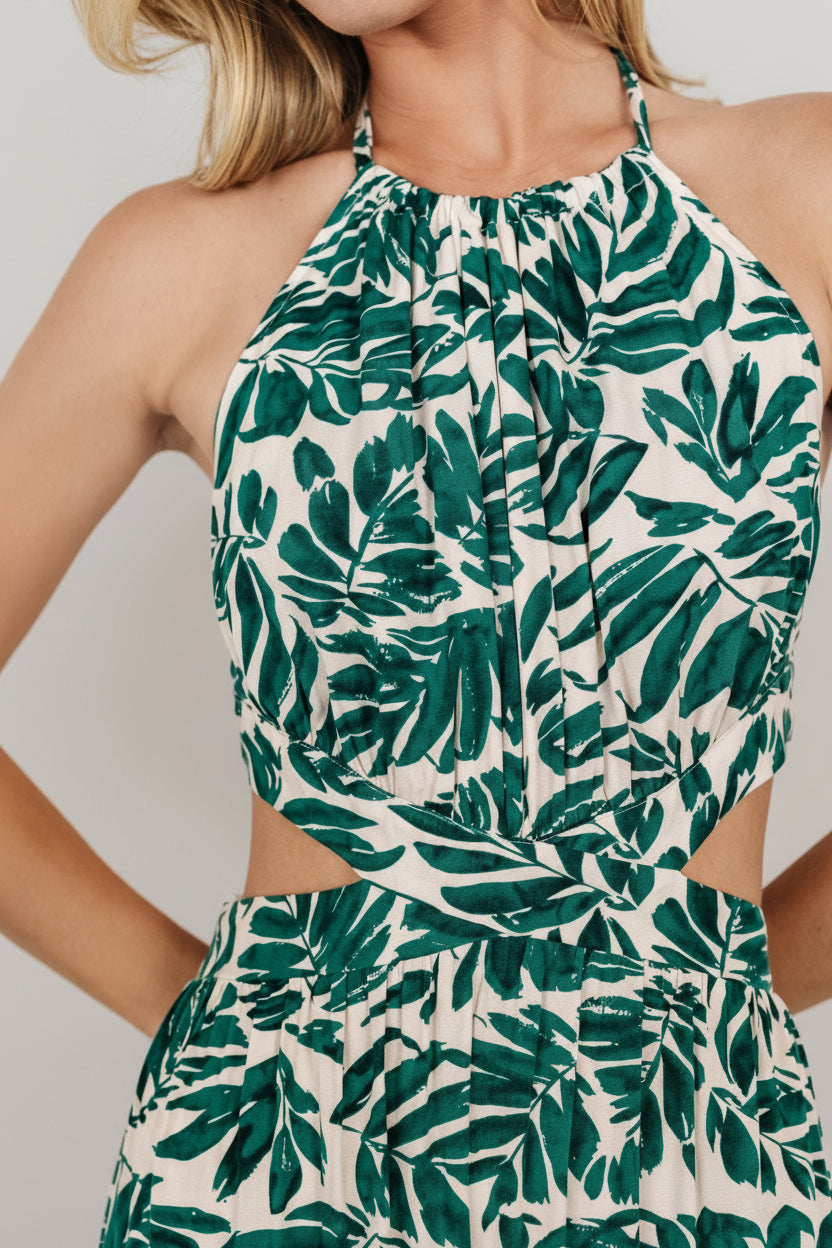 Detail of lined bust and halter tie construction, showing fabric drape, stitching, and neckline finish.