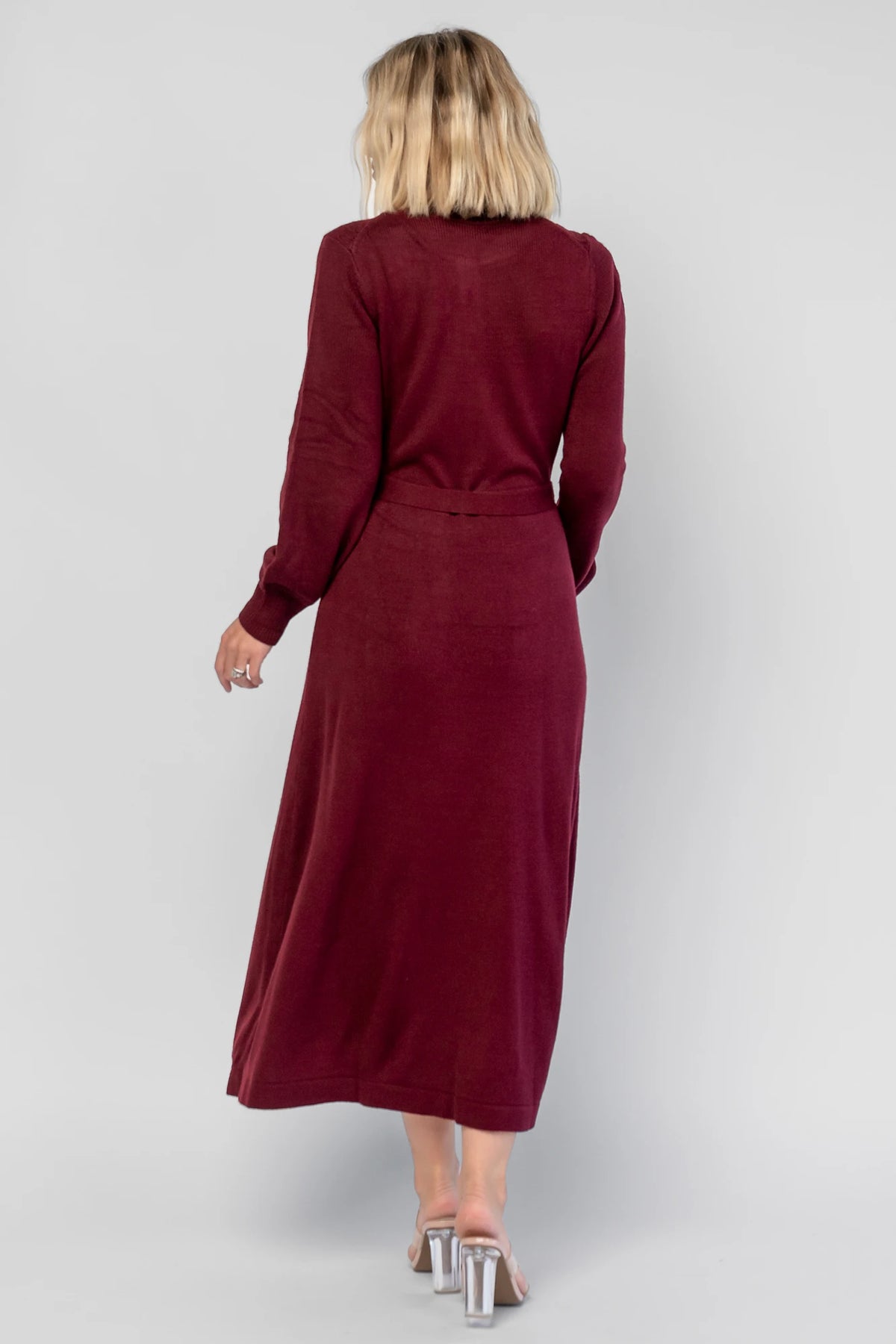 Camilla Sweater Dress in Wine with a knit button-down bodice, removable waist belt, and a flowing lined skirt.