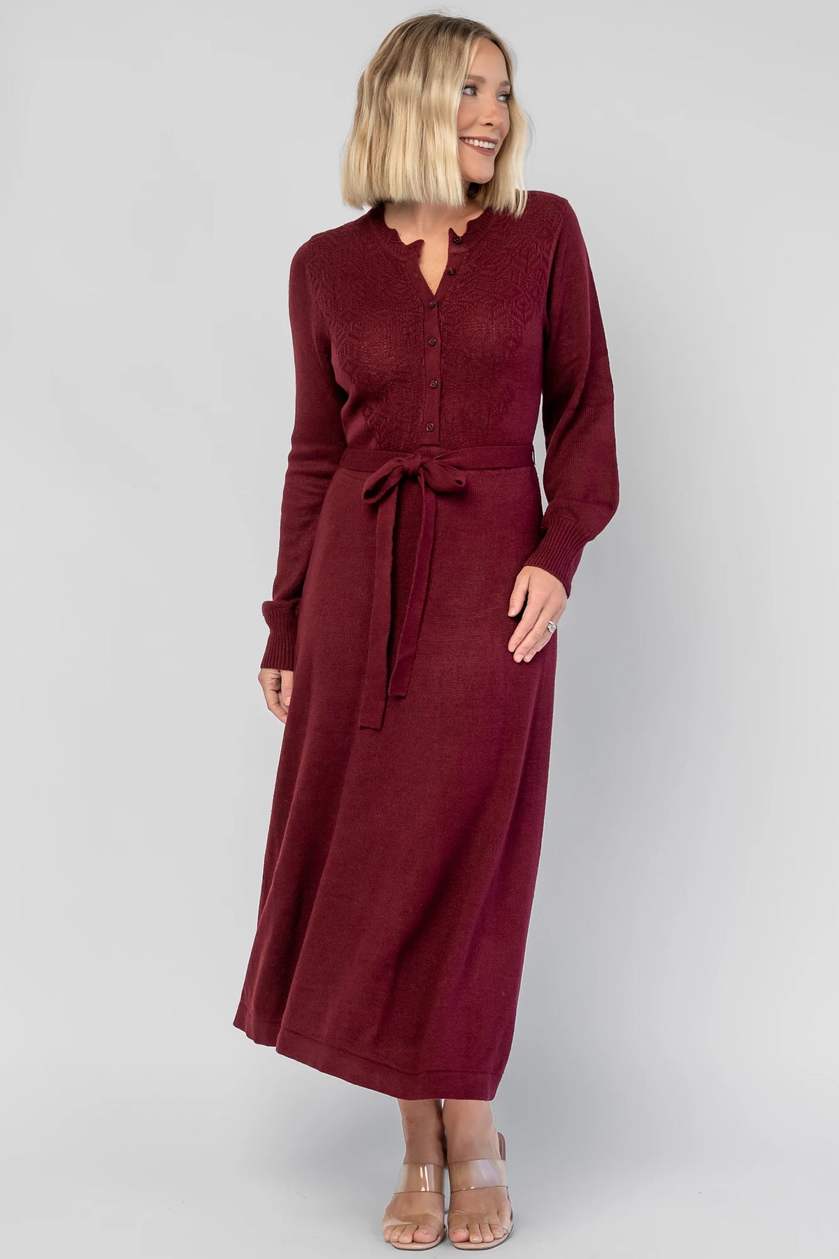 Camilla Sweater Dress in Wine with a knit button-down bodice, removable waist belt, and a flowing lined skirt.
