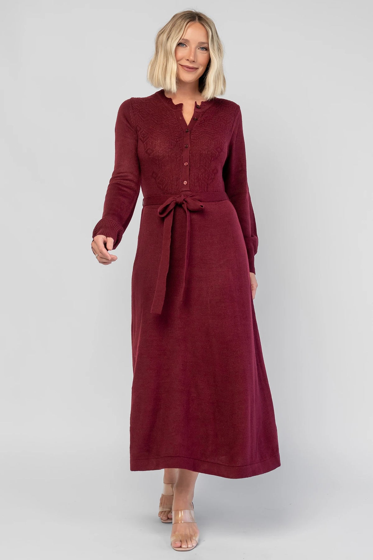 Camilla Sweater Dress in Wine with a knit button-down bodice, removable waist belt, and a flowing lined skirt.